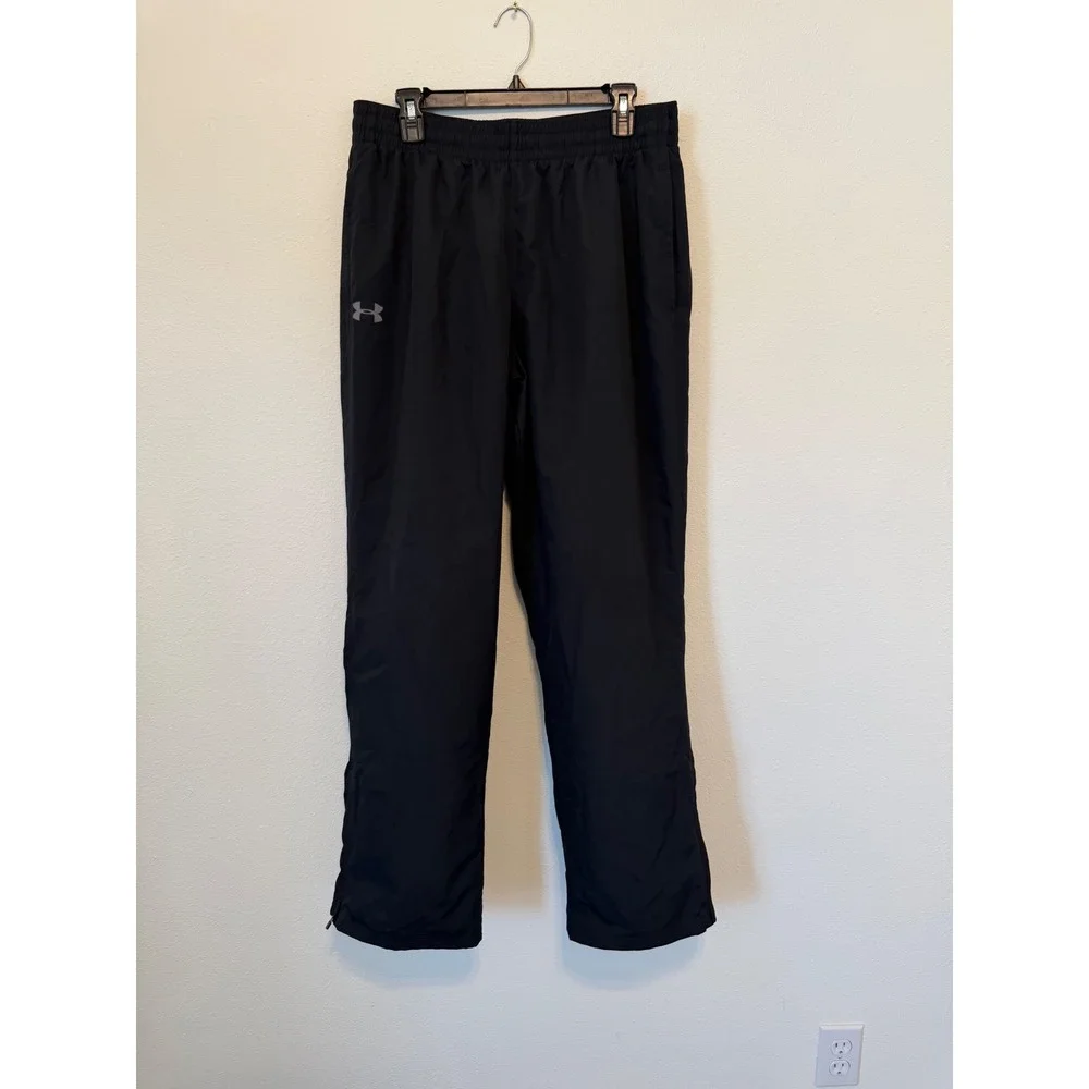 Under Armour Mens Large Black Loose Fit Mesh Lined Track Pants Ankle Zip 1267145